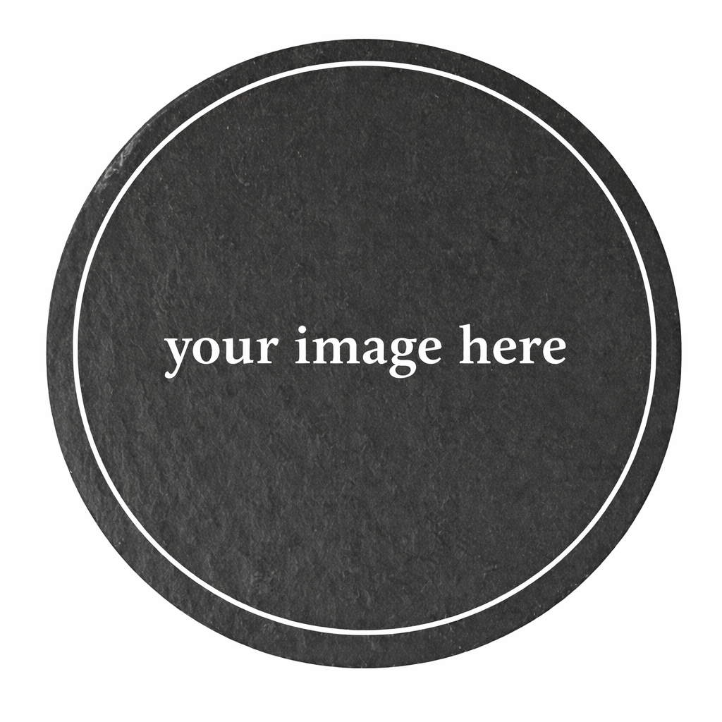Contemporary round black coaster with white border and customizable center text