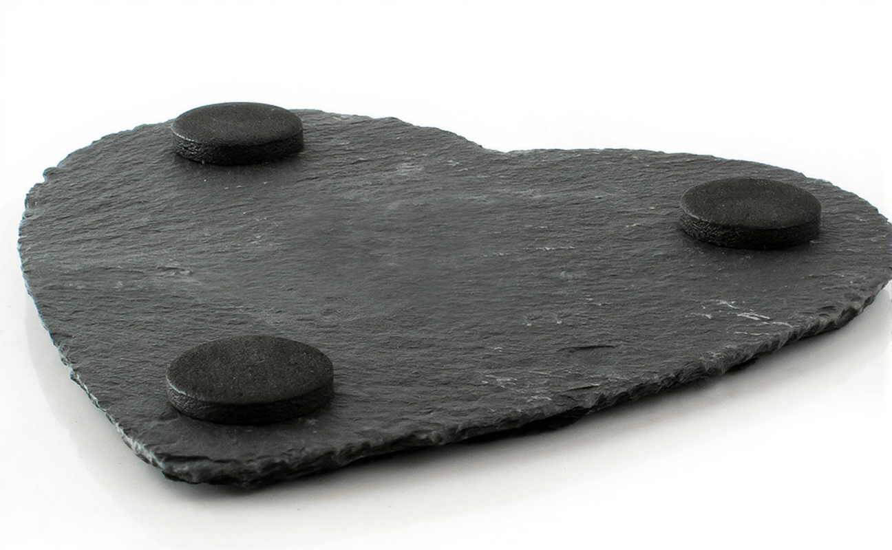 Natural slate heart coaster with three rubber feet by Acier Manufacturing Limited