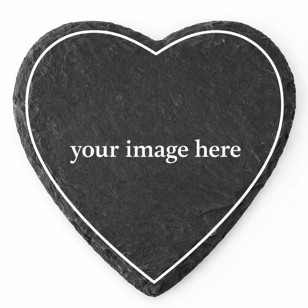 Heart-shaped black slate coaster with white outline, customizable surface from Acier Manufacturing