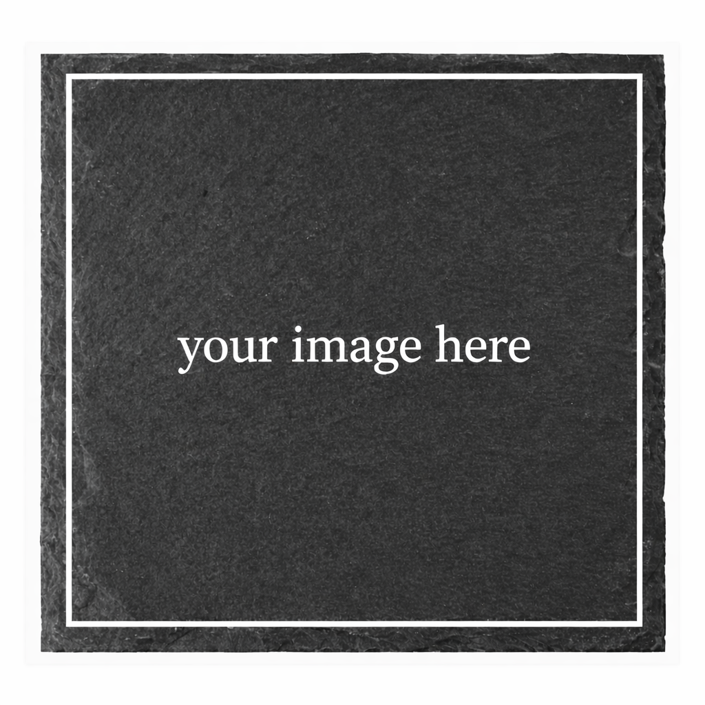 Square natural slate coaster with double white border, mockup for Acier Manufacturing Limited