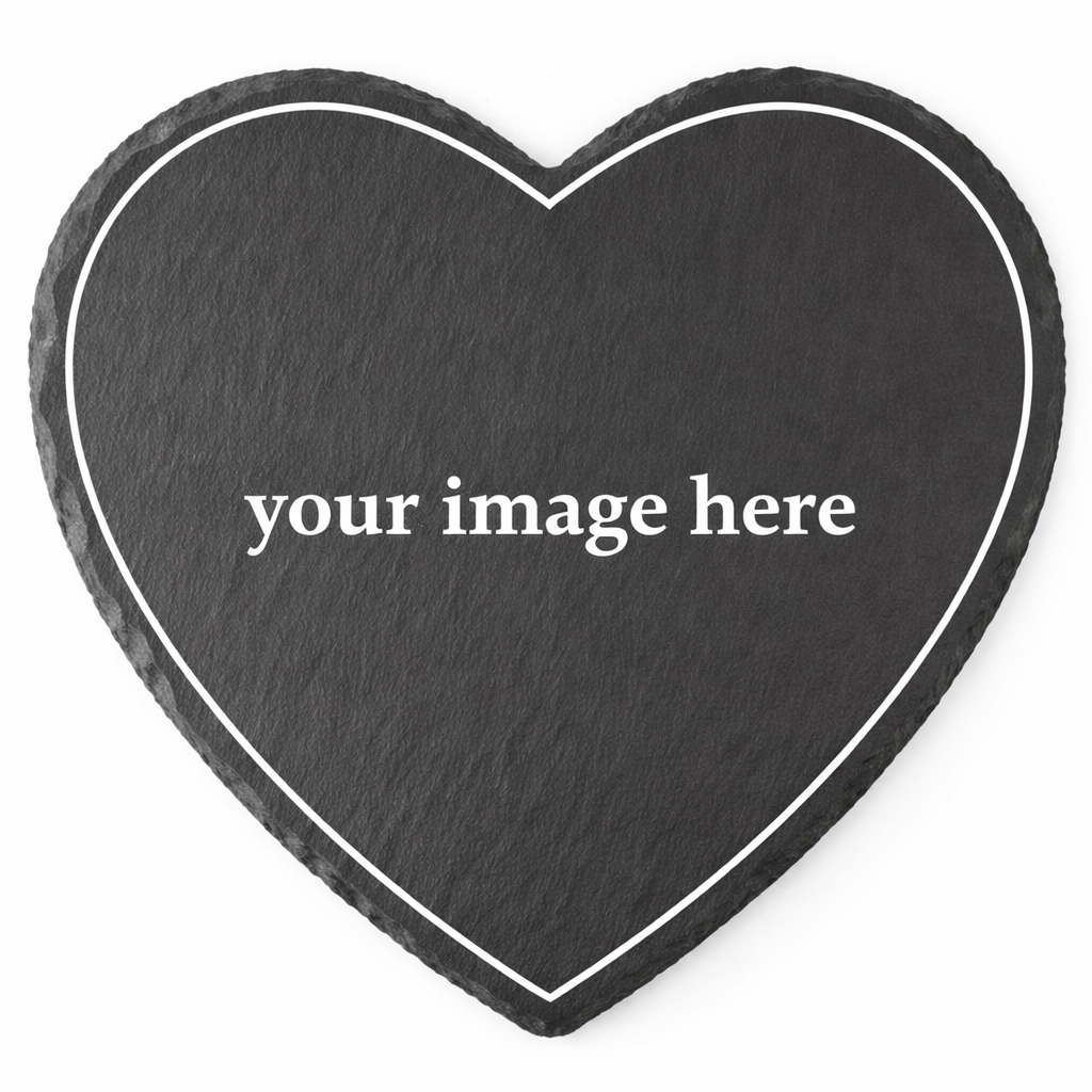 Heart-shaped black slate placemat with white border and customizable text, Acier Manufacturing