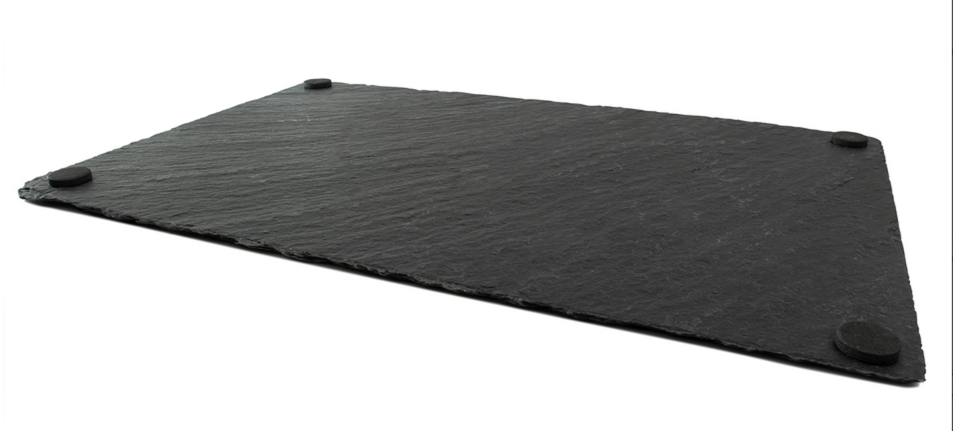 Rectangular black slate placemat with textured surface and rubber feet, Acier Manufacturing