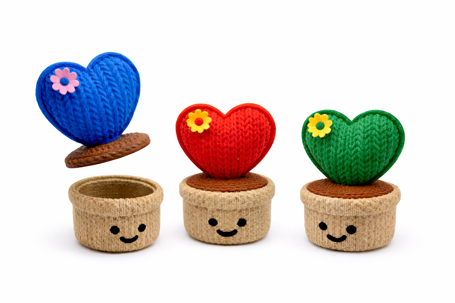 Colorful heart-shaped knitted decorations in smiling pots, Acier Manufacturing Limited crafts