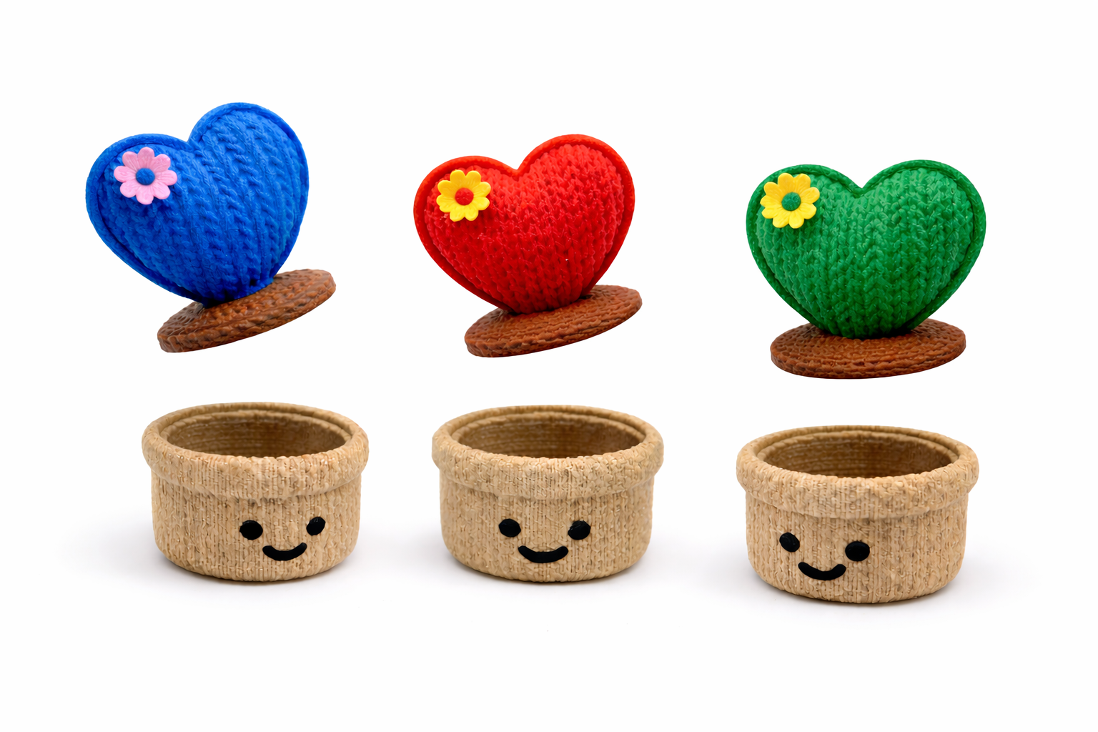 Colorful knitted heart decorations with flowers above three smiling woven baskets, Acier Manufacturing Limited style.