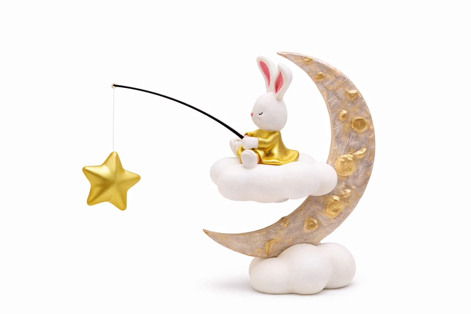 Cute bunny figurine in gold robe fishing for golden star on cloud and crescent moon decor